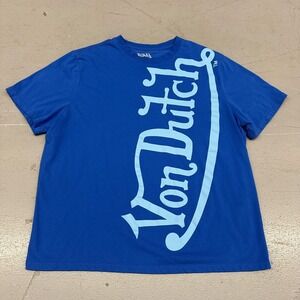 Von Dutch Shirt Mens XL Blue Diagonal Logo Graphic Tee Tagless Cotton Crewneck